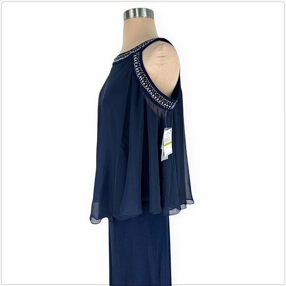 Alex Evenings Cold Shoulder Popover Jersey Chiffon Gown Beaded Neckline NWT 14 - Picture 4 of 6